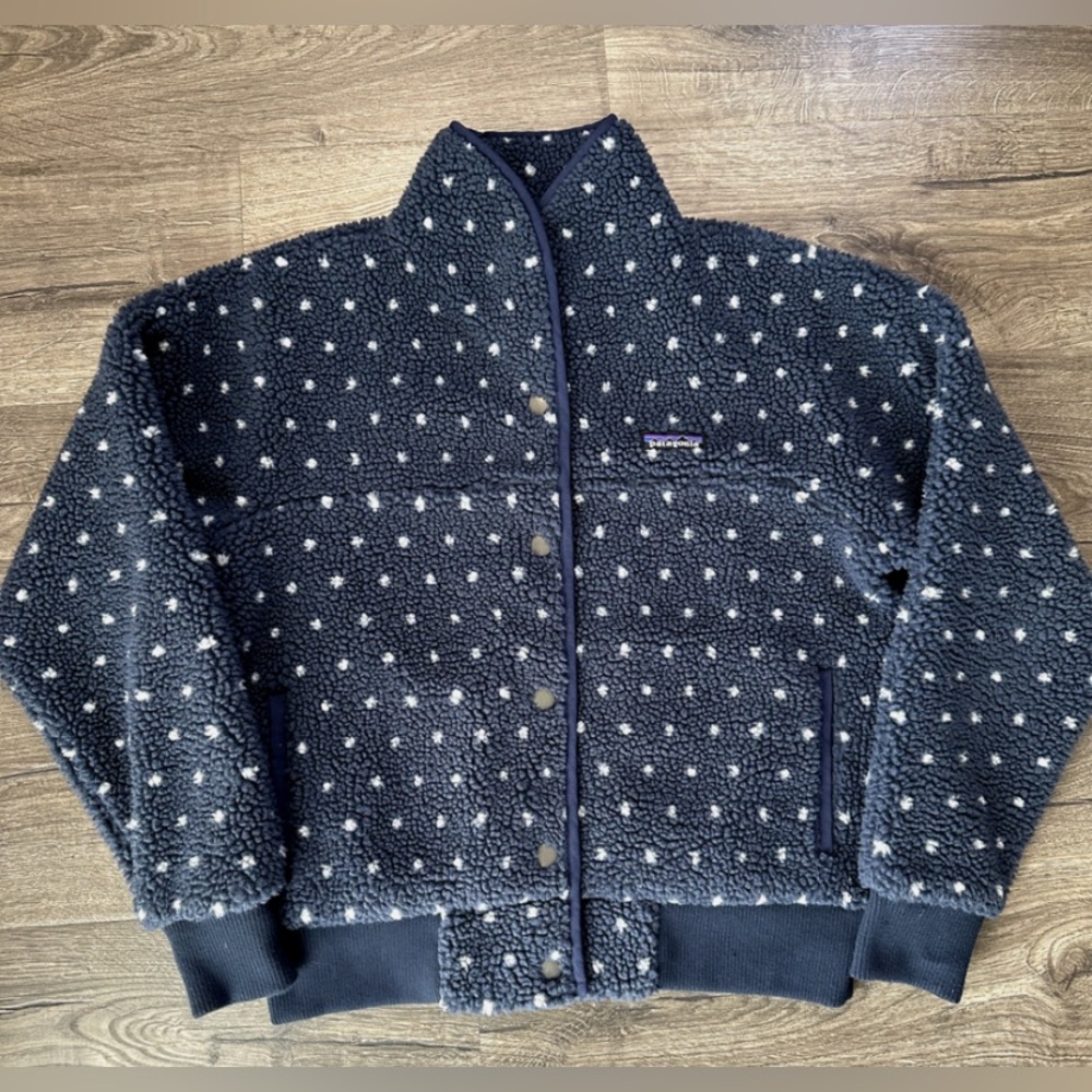 Patagonia Jacket Womens Small Snap Front Retro X Blue Polka Dot Sherpa Fleece